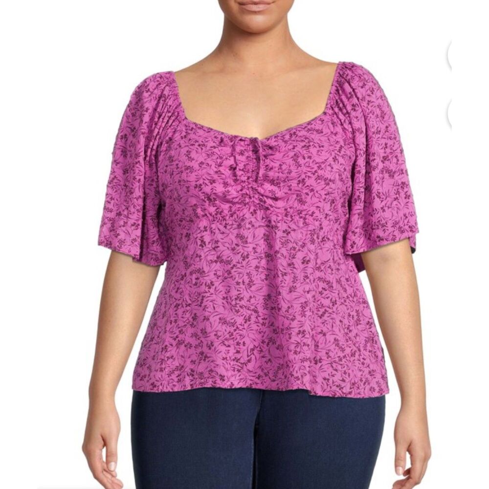 Terra & Sky Purple‎ Babydoll Flowy Blouse-Sz 1X-Sweetheart Neckline-Fairy-Boho